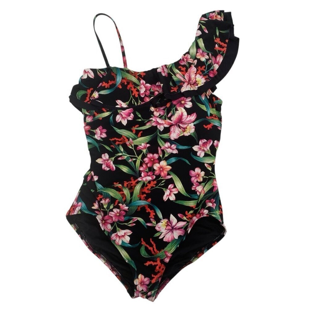 Carmen Marc Valvo Size 12 One Shoulder Floral Ruffle One Piece Swimsuit